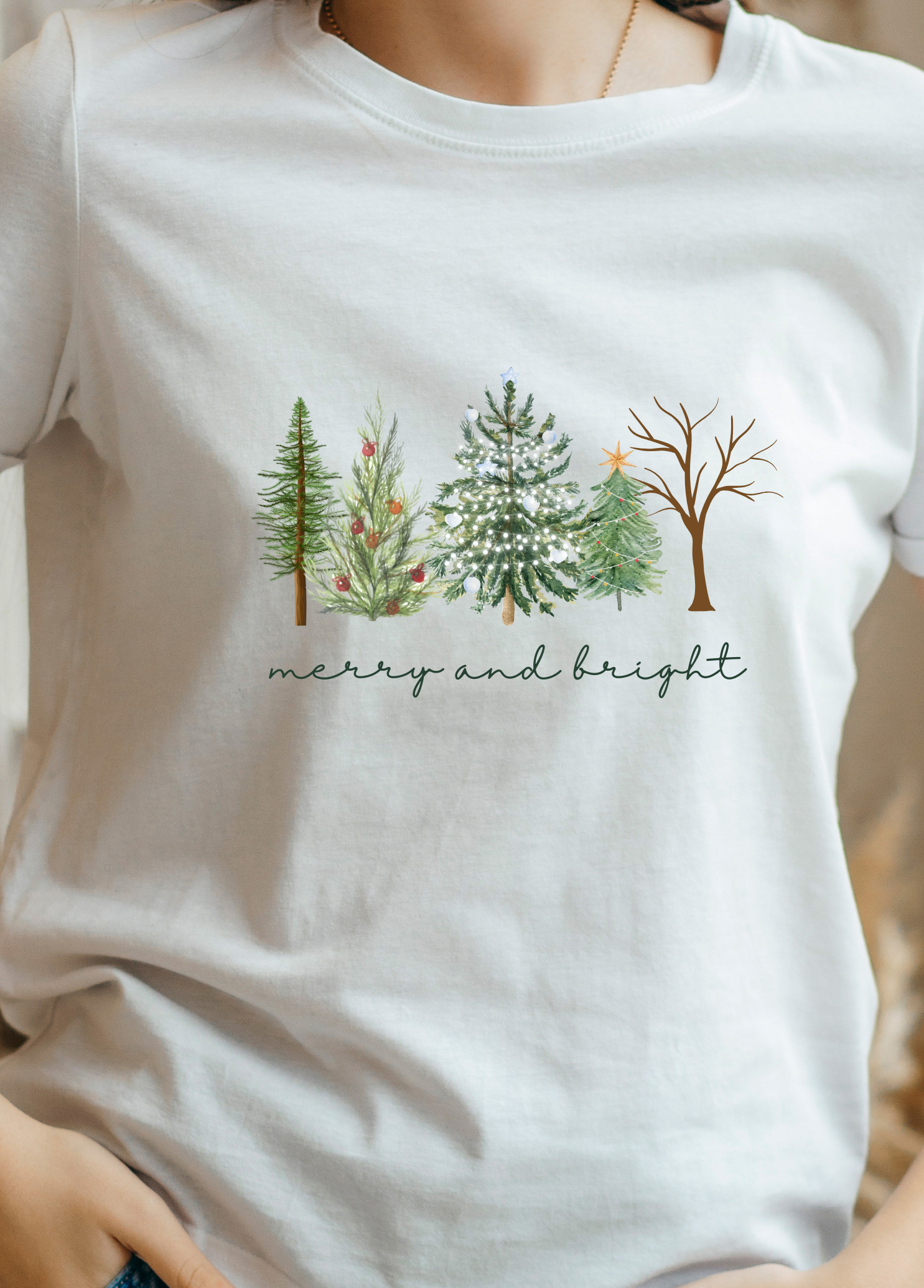 ADULT MERRY BRIGHT CHRISTMAS TREES T-SHIRT