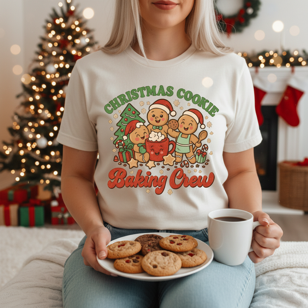 Person wearing a 'Christmas Cookie Baking Crew' t-shirt, holding cookies and a mug in a festive setting. Christmas t shirts Australia