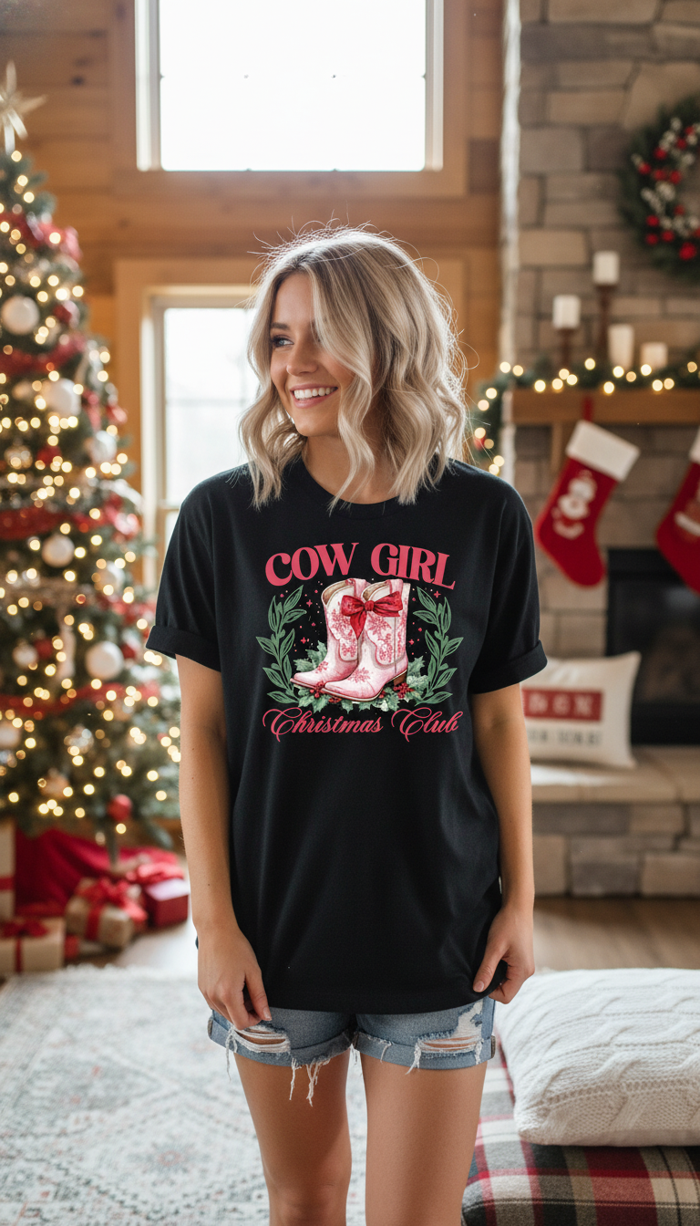 Woman wearing a 'Cow Girl Christmas Club' t-shirt in a festive living room. Christmas t shirts Australia

Kids Christmas shirts

Family matching Christmas shirts

Personalised Christmas t shirts

Custom Christmas t shirts Australia

Christmas outfits for kids

Christmas tees for families

Christmas shirts Australia

Matching Christmas tees

Aussie Christmas shirts

Baby Christmas onesie Australia

Custom holiday shirts Australia

Cute Christmas shirts for kids