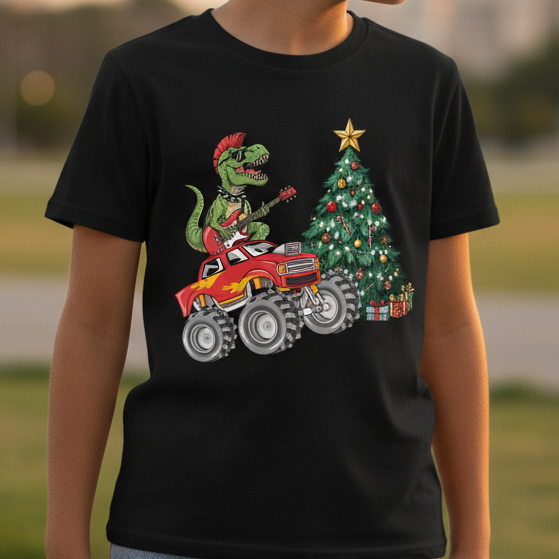 Child wearing a black t-shirt with a Christmas-themed graphic, standing outdoors.
