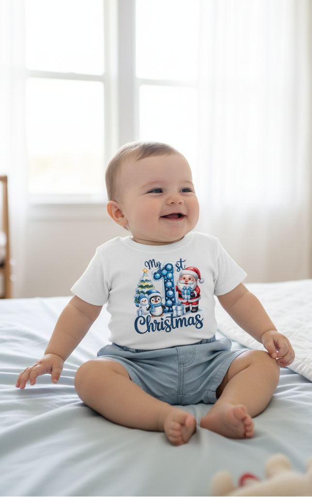 Baby sitting on a bed wearing a 'My 1st Christmas' shirt in a bedroom setting.
hristmas t shirts Australia

Kids Christmas shirts

Family matching Christmas shirts

Personalised Christmas t shirts

Custom Christmas t shirts Australia

Christmas outfits for kids

Christmas tees for families

Christmas shirts Australia

Matching Christmas tees

Aussie Christmas shirts

Baby Christmas onesie Australia

Custom holiday shirts Australia

Cute Christmas shirts for kids