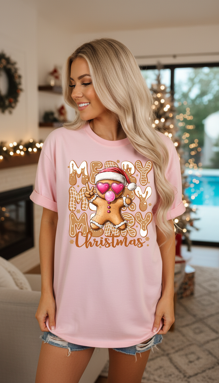 Woman wearing a pink 'Merry Christmas' t-shirt with a gingerbread man graphic in a festive living room. Christmas shirts Australia