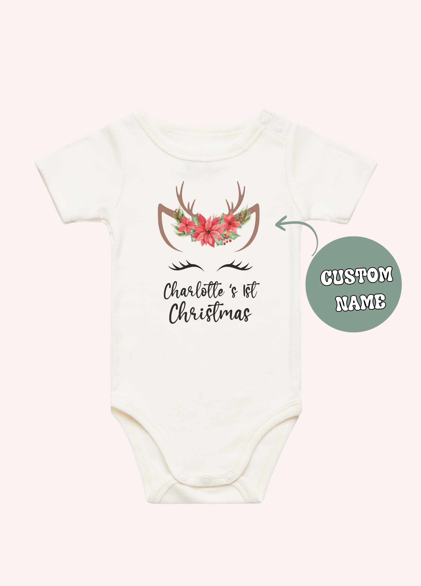First Christmas Reindeer Poinsettia Flower Custom Name  One Piece - personalised