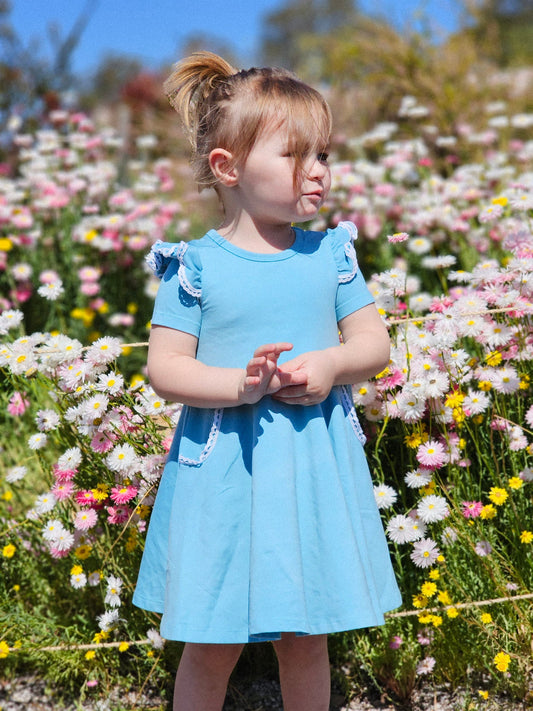 DUSTY BLUE TWIRLY GIRL DRESS - Toots Kids