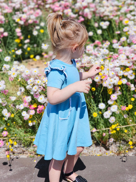 DUSTY BLUE TWIRLY GIRL DRESS - Toots Kids